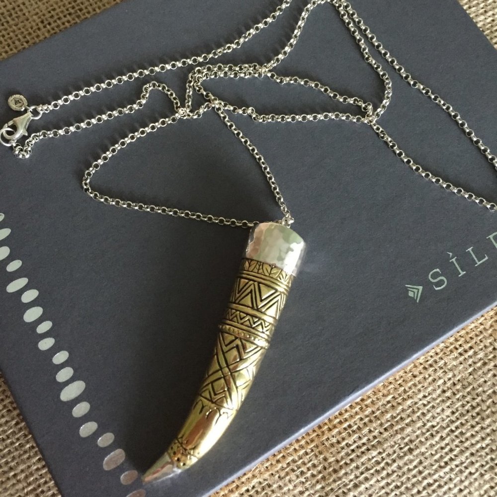 Silpada Etched .925 Sterling Silver & Brass Horn Pendant Statement Necklace